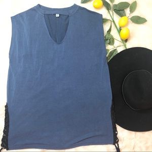 Slate blue choker keyhole front T-shirt